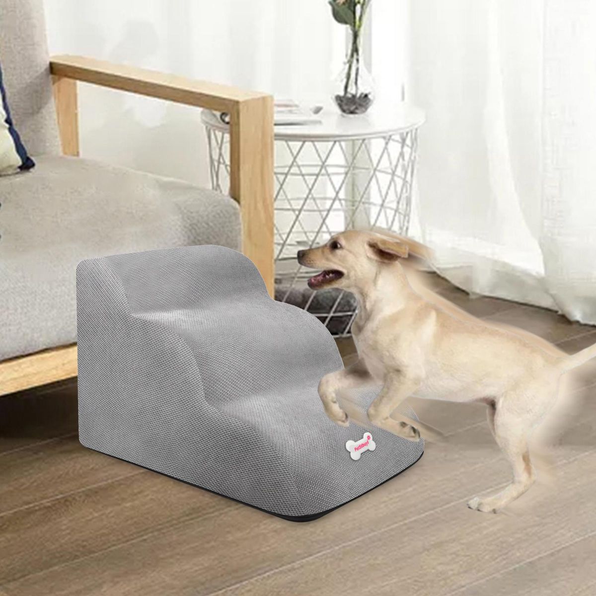 Dog Stairs 3 Steps Dog Ramp Washable Removable Dog Gray