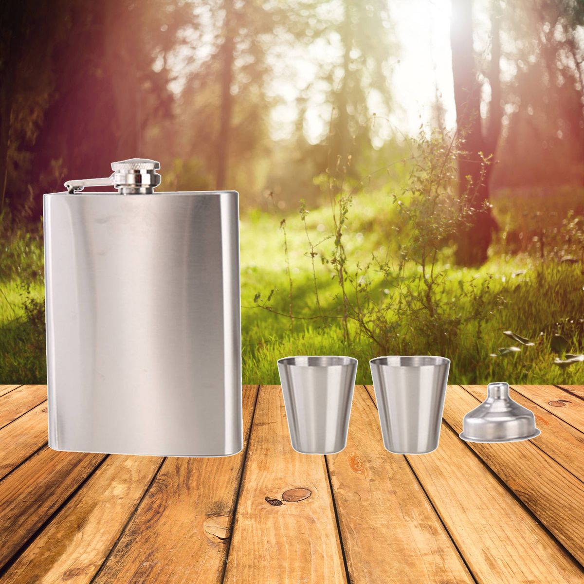 Portable Hip Flask Set Alcohol Funnel Cups Pocket Wine Silver 13.5x9cm