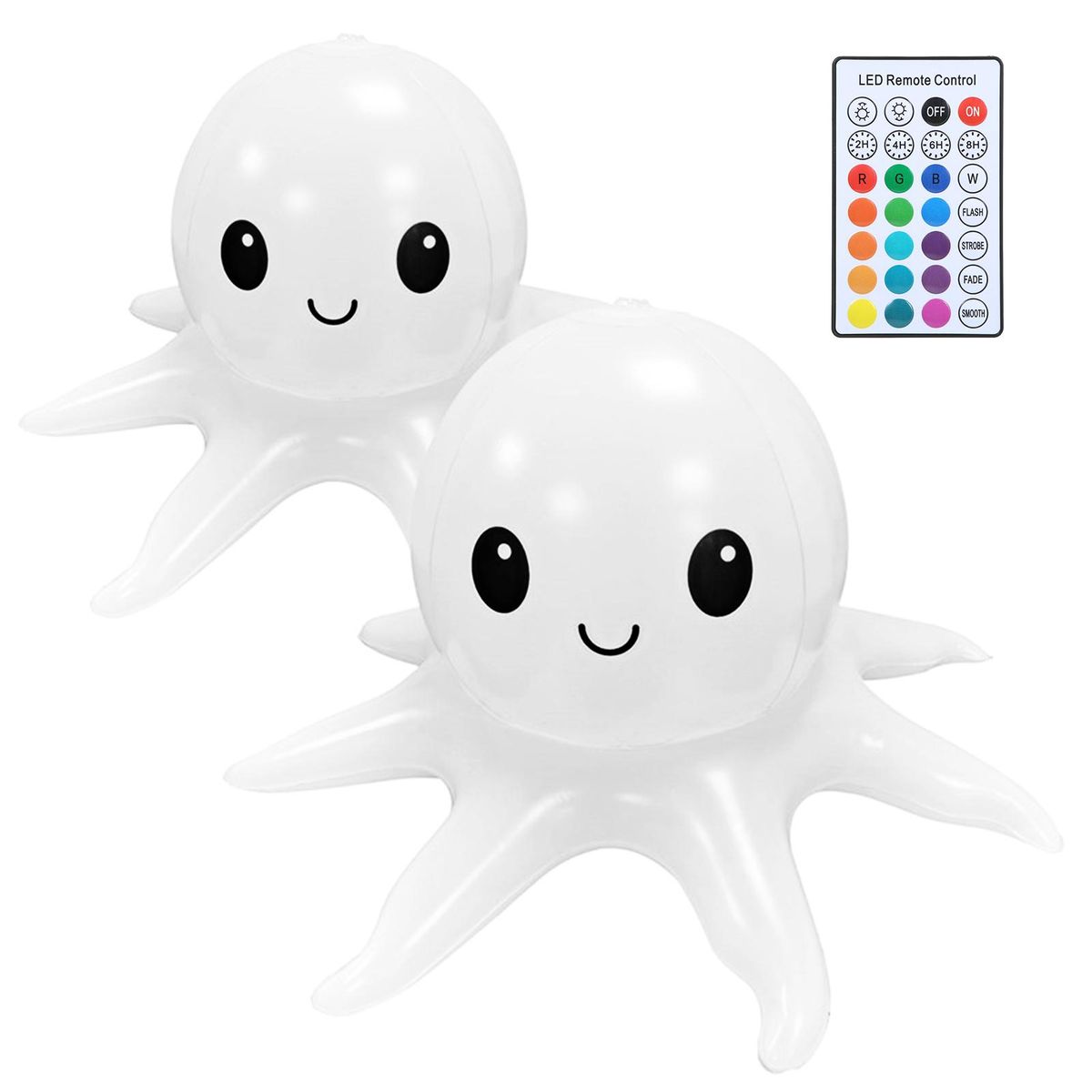 Tomshine 2PCS 13.4Inches Solar Powered LEDs Floating Inflatable Pool Lights with Remote Control/ Controller Octopus Design RGBW 16 Colors Changing/ 3 Levels Dimmable Brightness Adjustable/ 2&4&6&8H 4 Levels Timer/ Flash&Strob