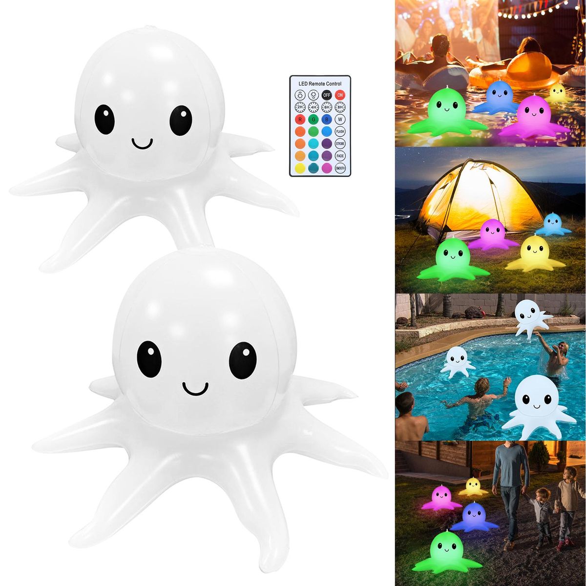 Tomshine 2PCS 13.4Inches Solar Powered LEDs Floating Inflatable Pool Lights with Remote Control/ Controller Octopus Design RGBW 16 Colors Changing/ 3 Levels Dimmable Brightness Adjustable/ 2&4&6&8H 4 Levels Timer/ Flash&Strob