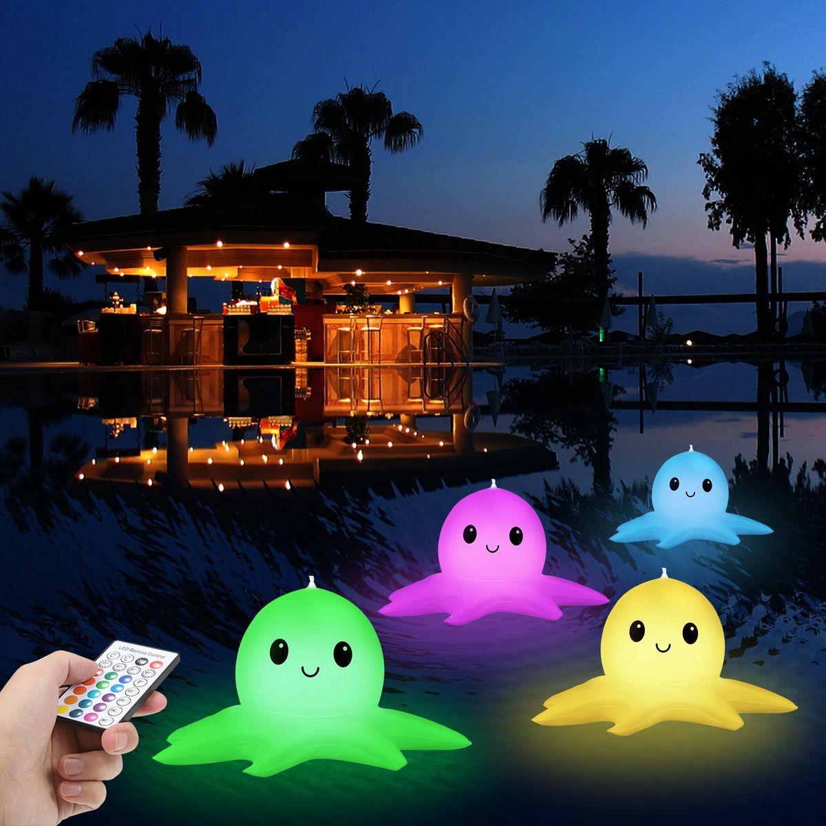 Tomshine 2PCS 13.4Inches Solar Powered LEDs Floating Inflatable Pool Lights with Remote Control/ Controller Octopus Design RGBW 16 Colors Changing/ 3 Levels Dimmable Brightness Adjustable/ 2&4&6&8H 4 Levels Timer/ Flash&Strob