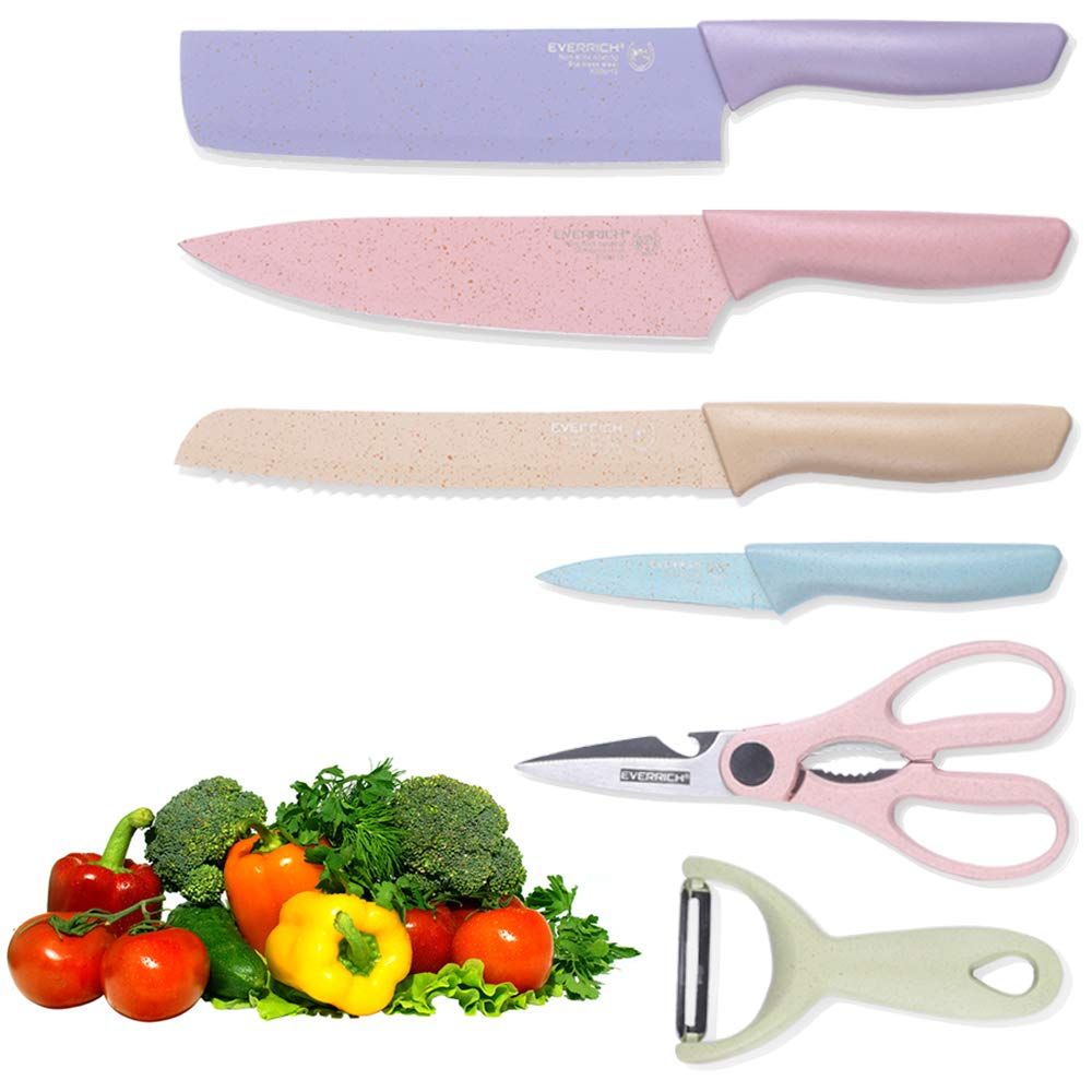 Professional Colorful Kitchen Knives Set Of 6 Pieces, Non-Stick Blades With High Carbon Stainless Steel, Sharp Kitchen Cutting Knives Set, Chef Kitchen Knives