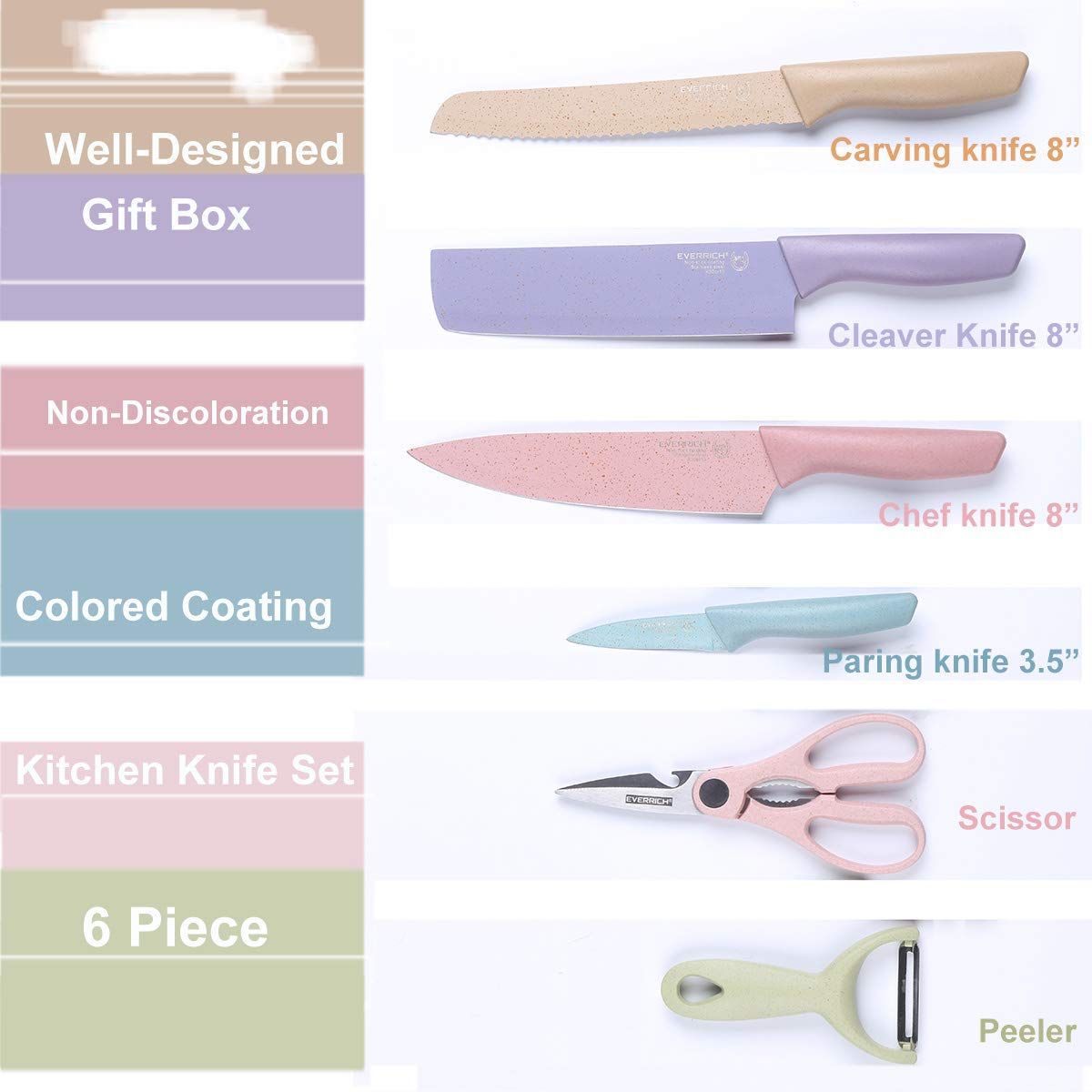 Professional Colorful Kitchen Knives Set Of 6 Pieces, Non-Stick Blades With High Carbon Stainless Steel, Sharp Kitchen Cutting Knives Set, Chef Kitchen Knives