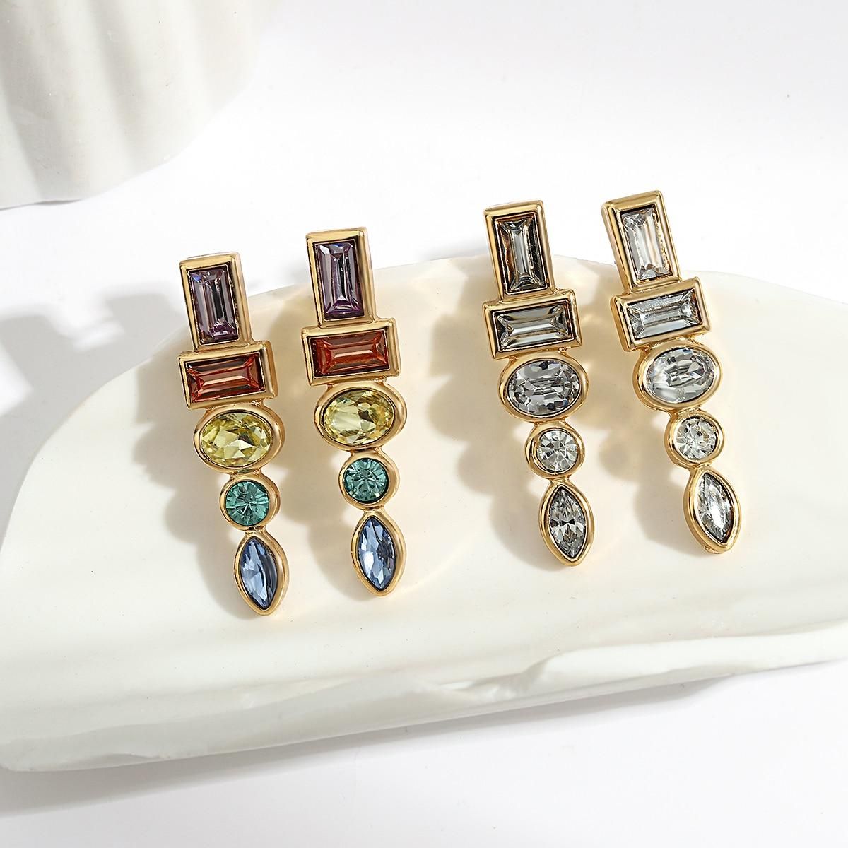 AENSOA Elegant Rainbow Color Crystal Long Drop Earrings for Women Gold Plated Fine Jewelry Gift Brincos Aretes Accessories