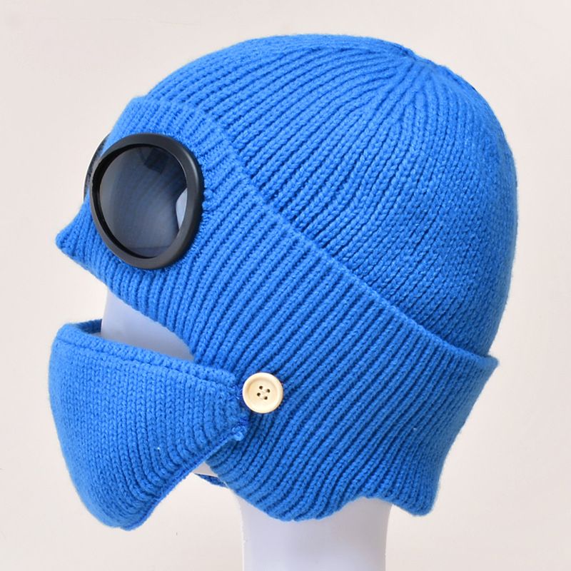 UniFashion Winter Er Hat  Piloter Glasses Ear Protection Hat Plus Velvet Warm Beanies Wool Hat Knitted Hat With Mask-Blue