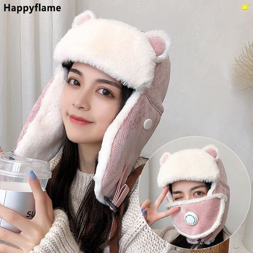 Winter Women Warm Thick Breathable Er Hat Cute Cat Ears Mask Bonnet Girl Outdoor Russia Corduroy Face Neck Earflap Snow Caps-Grey