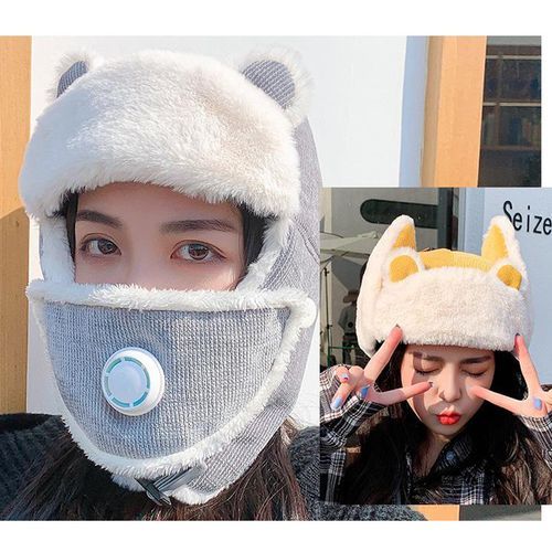 Winter Women Warm Thick Breathable Er Hat Cute Cat Ears Mask Bonnet Girl Outdoor Russia Corduroy Face Neck Earflap Snow Caps-Grey