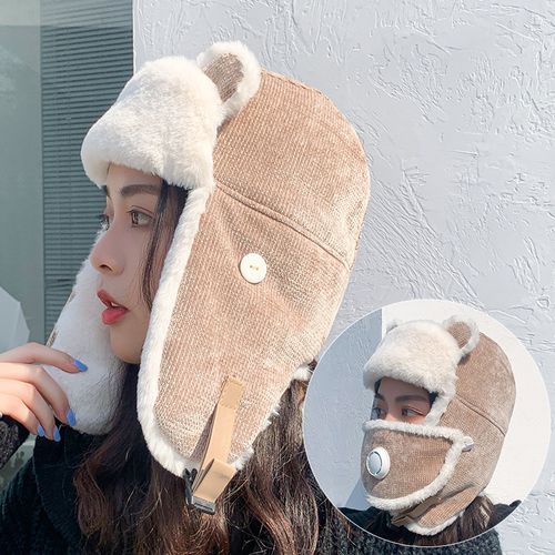 Winter Women Warm Thick Breathable Er Hat Cute Cat Ears Mask Bonnet Girl Outdoor Russia Corduroy Face Neck Earflap Snow Caps-Grey