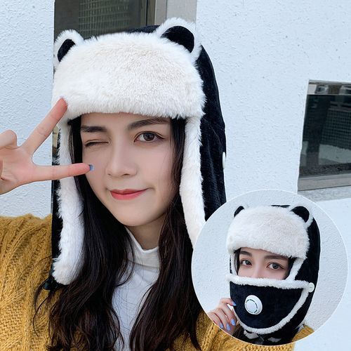 Winter Women Warm Thick Breathable Er Hat Cute Cat Ears Mask Bonnet Girl Outdoor Russia Corduroy Face Neck Earflap Snow Caps-Grey