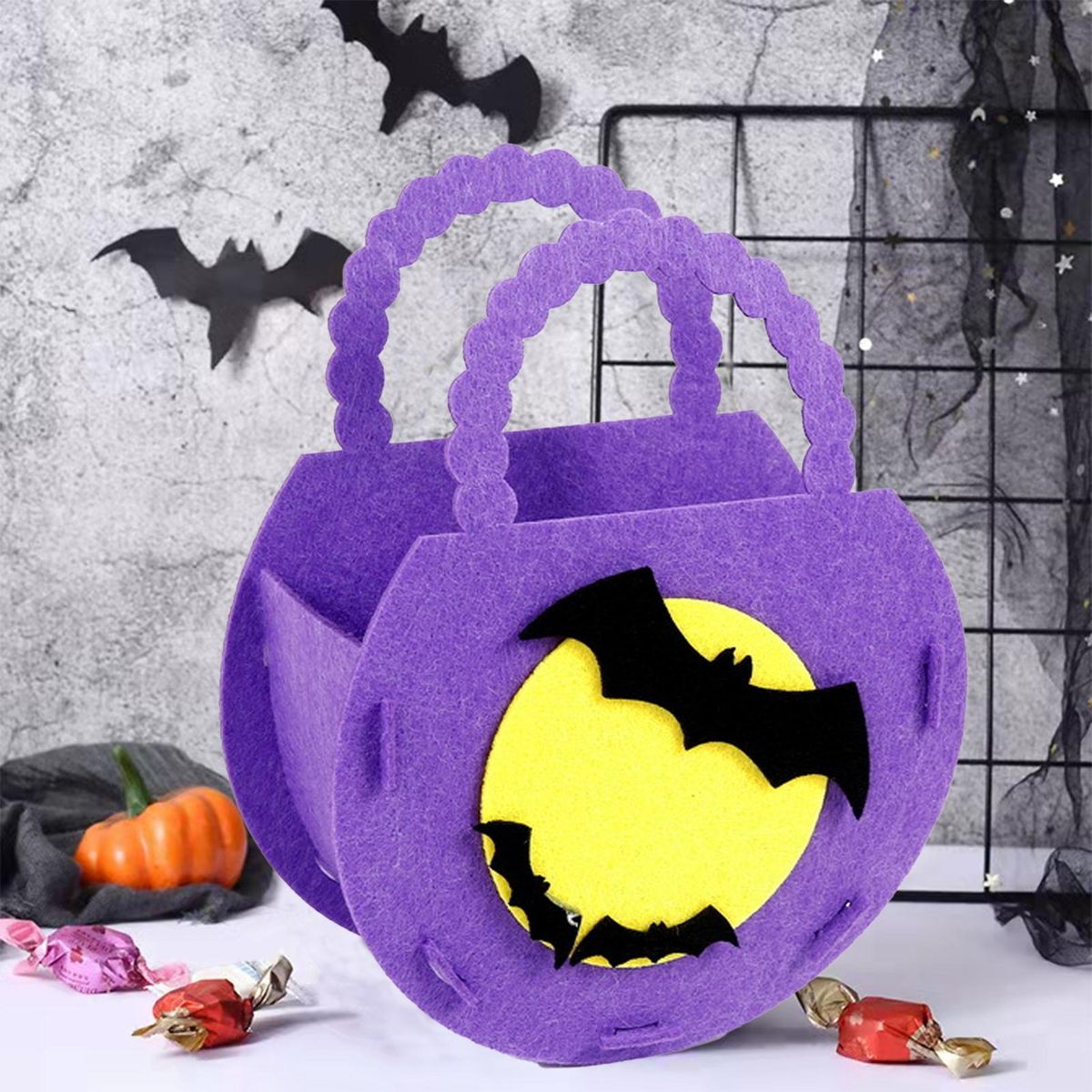 Halloween Candy Bag with Handle Large Halloween Treat Handbag Light Purple