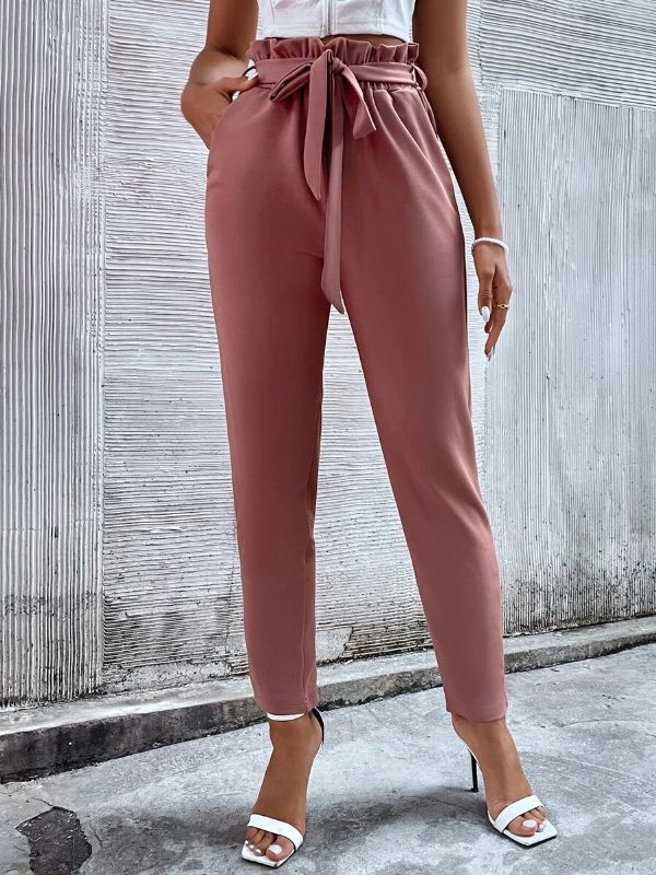 Women Corporate Office Wear Straight High Waist Belted Cropped Pant Trousers