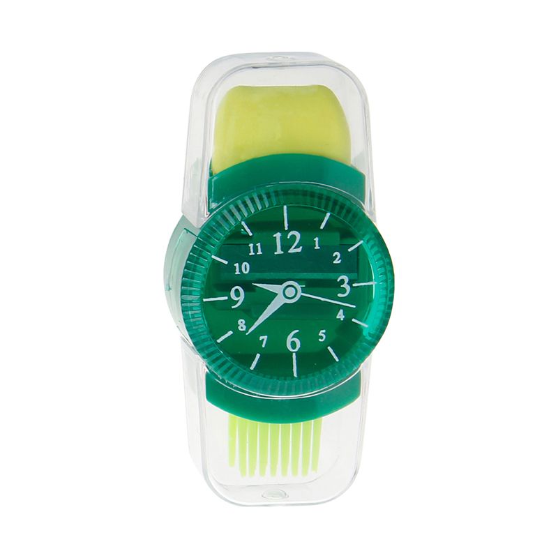 1Pc Creative Grinder Cartoon Watches Sliced Pencil Sharpener With Erasers Brush Kawaii Sharpener School Supplies Stationery Green