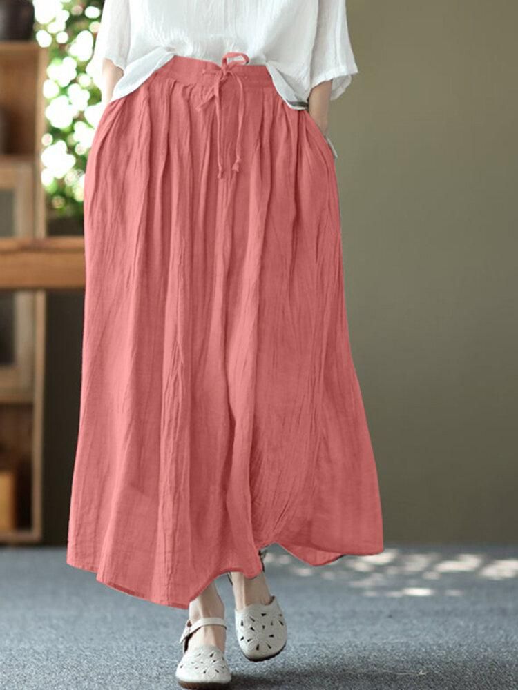 Solid Elastic Waist Pocket Casual Skirt
