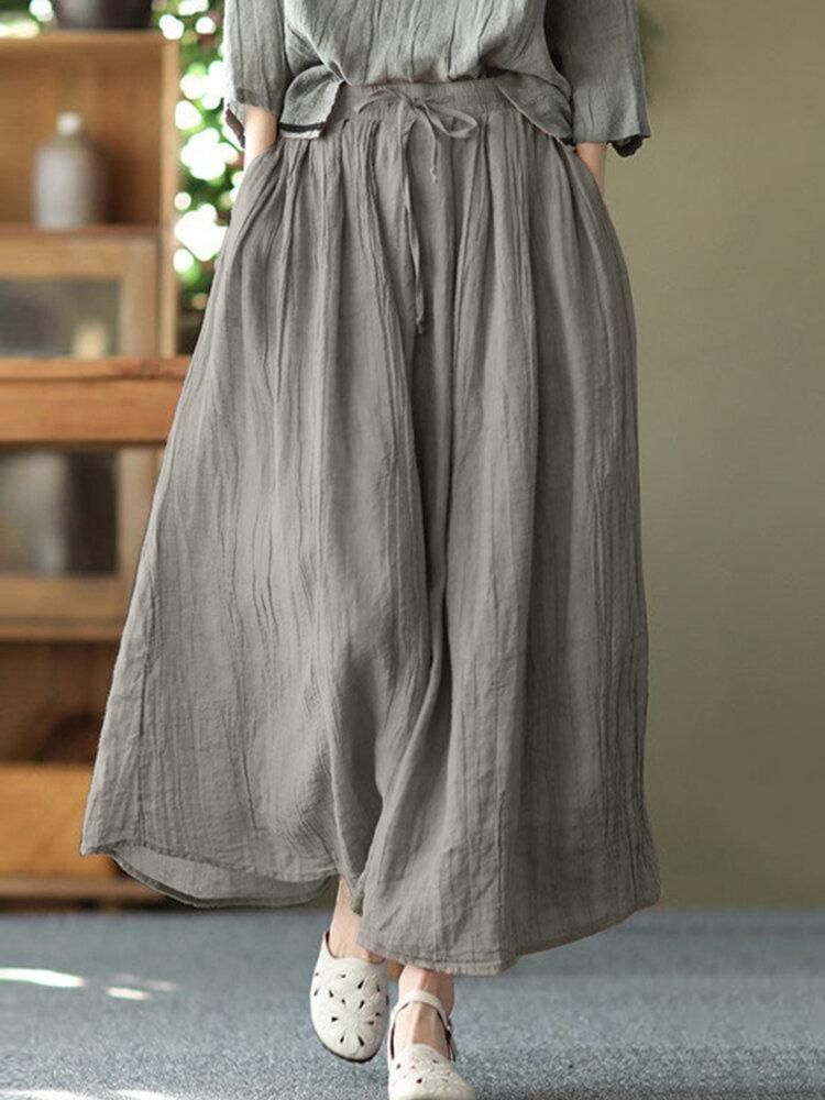 Solid Elastic Waist Pocket Casual Skirt