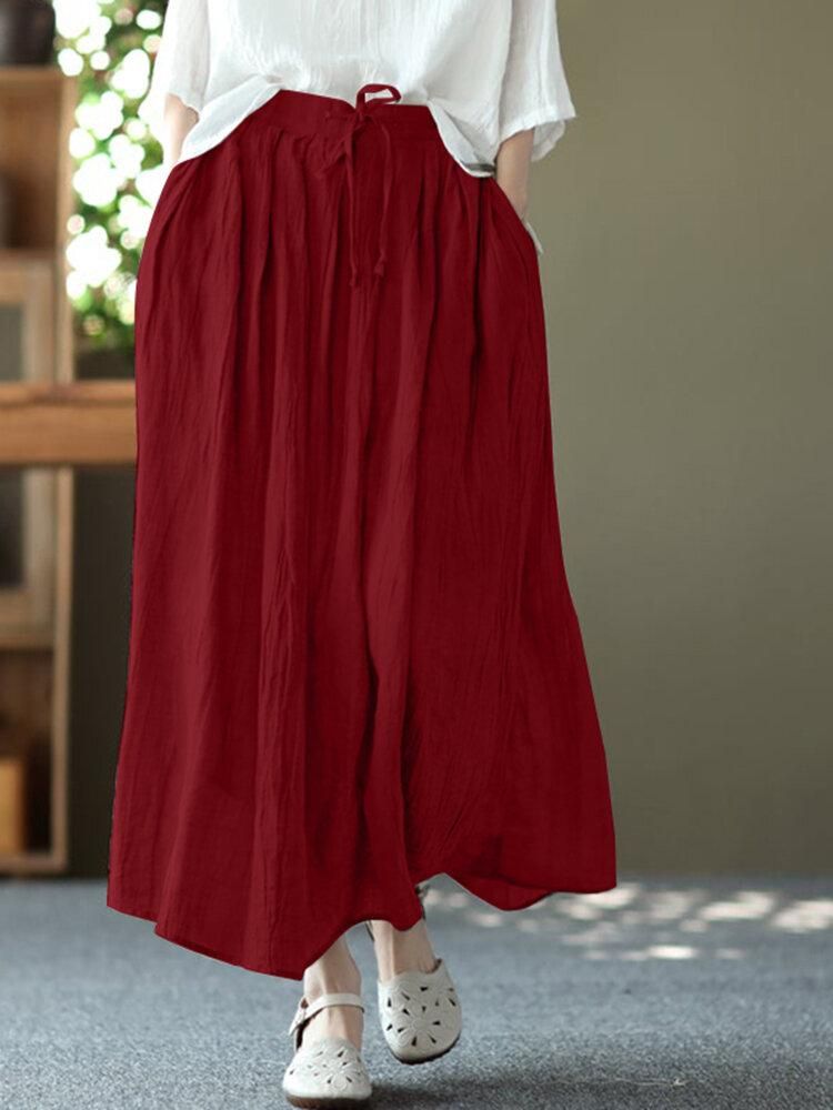 Solid Elastic Waist Pocket Casual Skirt