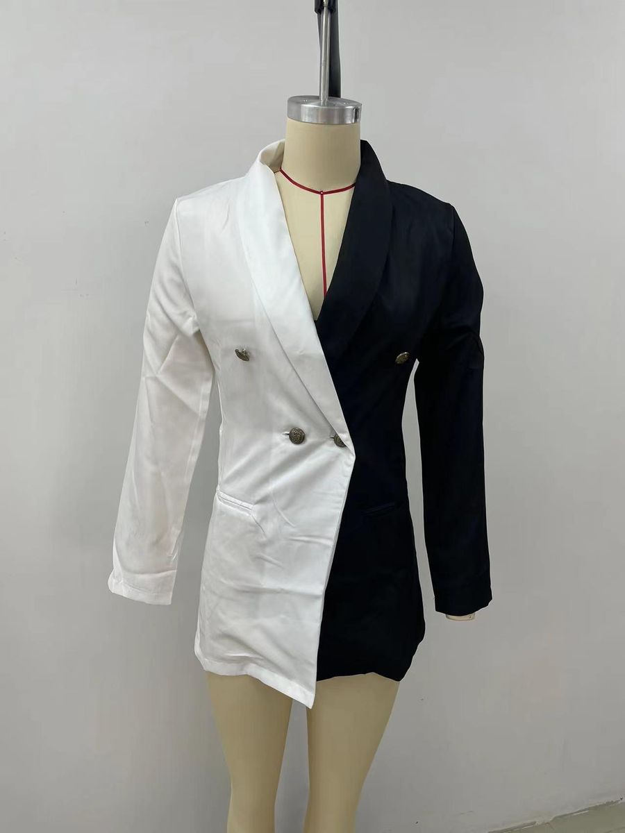 Elegant V Neck Office Lady Suit Dress Long Sleeve Colorblock Casual Blazer Black