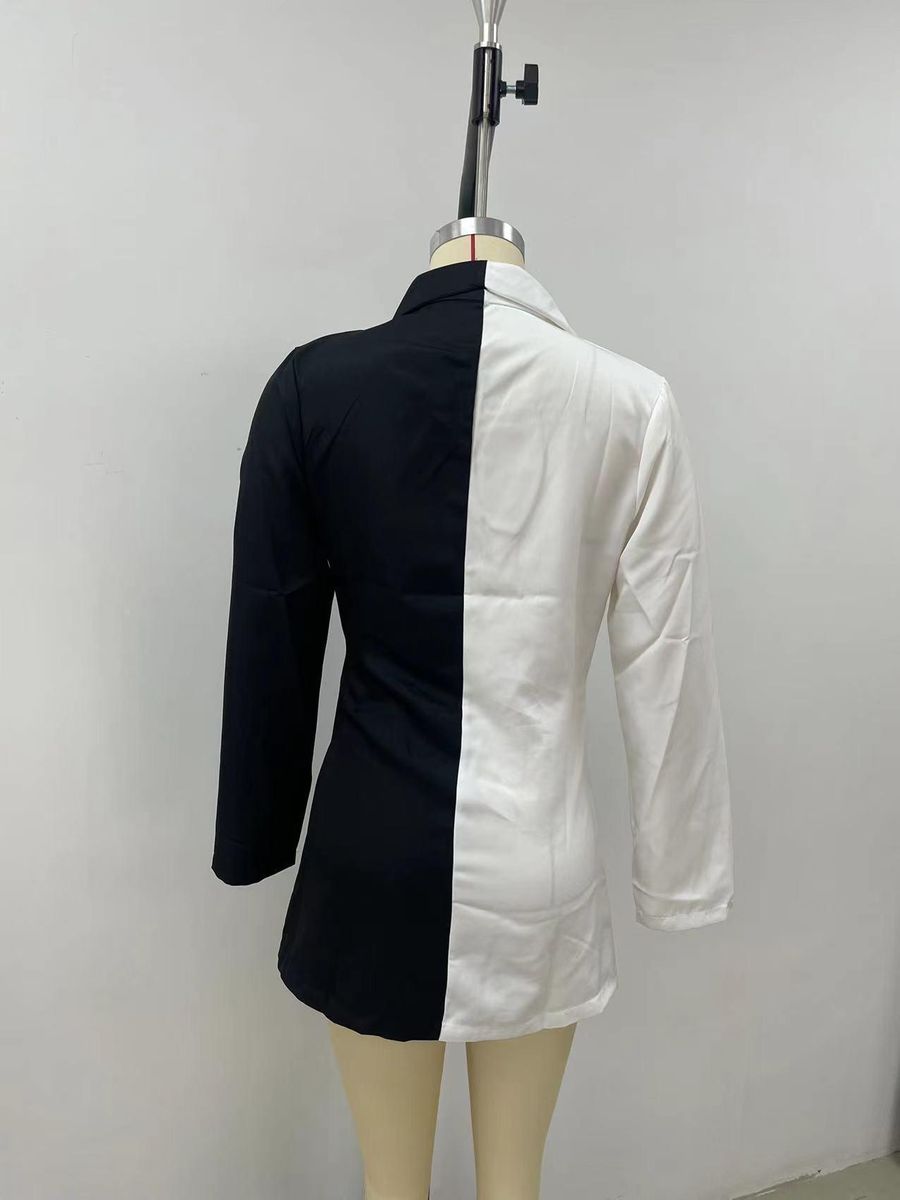Elegant V Neck Office Lady Suit Dress Long Sleeve Colorblock Casual Blazer Black