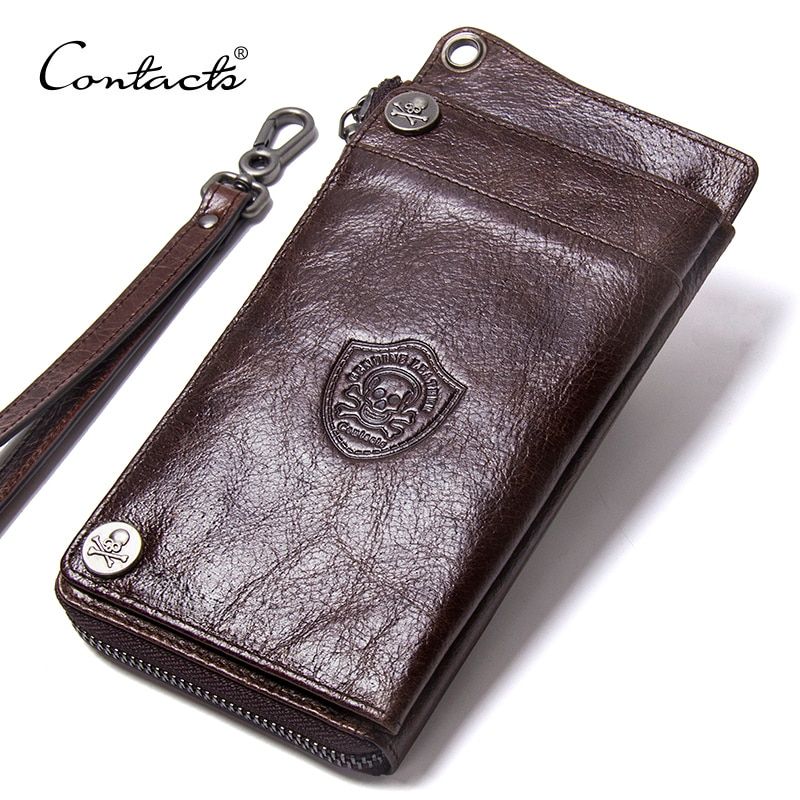 CONTACT'S Men's Wallet Genuine Leather Clutch Man Walet Brand Luxury Male Purse Long Wallets Zip Coin Purse 6.5\" Phone Pocket Color Black JIE