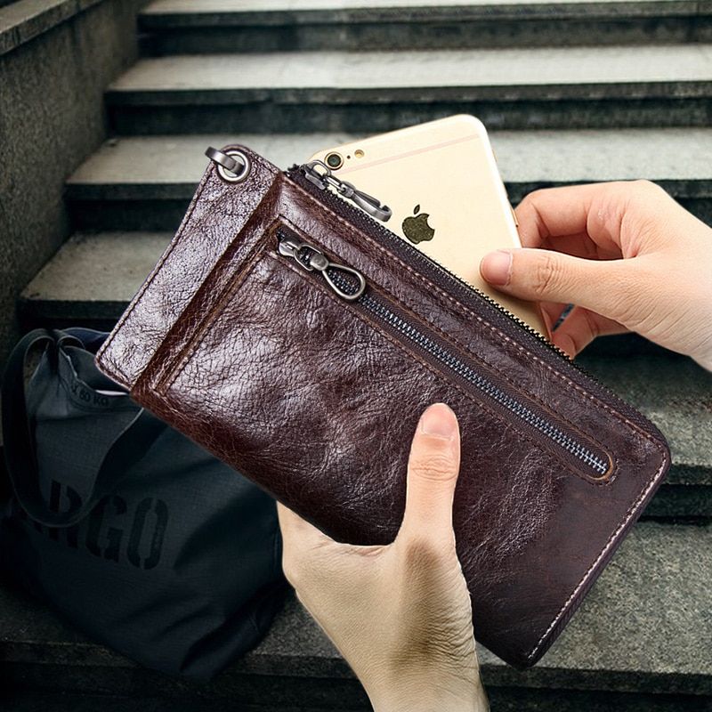 CONTACT'S Men's Wallet Genuine Leather Clutch Man Walet Brand Luxury Male Purse Long Wallets Zip Coin Purse 6.5\" Phone Pocket Color Black JIE