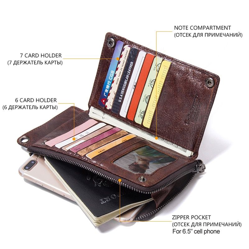 CONTACT'S Men's Wallet Genuine Leather Clutch Man Walet Brand Luxury Male Purse Long Wallets Zip Coin Purse 6.5\" Phone Pocket Color Black JIE