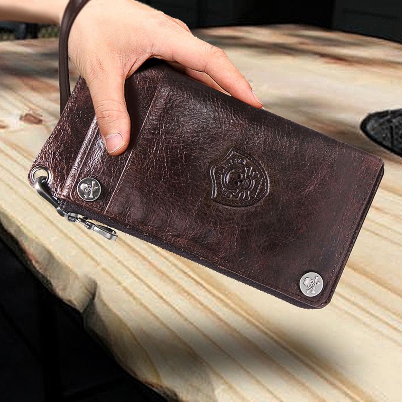 CONTACT'S Men's Wallet Genuine Leather Clutch Man Walet Brand Luxury Male Purse Long Wallets Zip Coin Purse 6.5\" Phone Pocket Color Black JIE