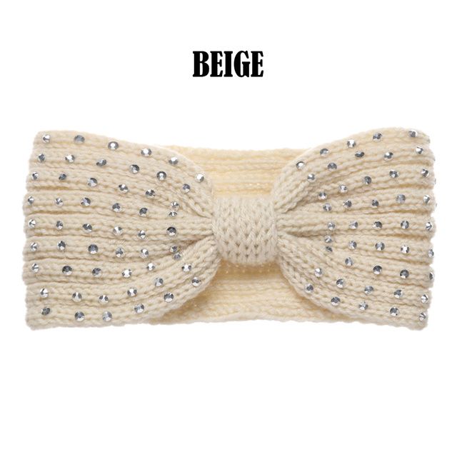 Yoga Shiny Rhinestone Women Knitted Headband Crochet Beige