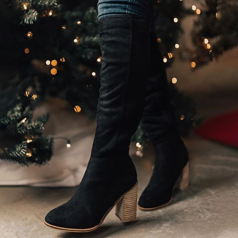 Women Suede Slim Knee-High Heeled Sexy Thigh High Boots