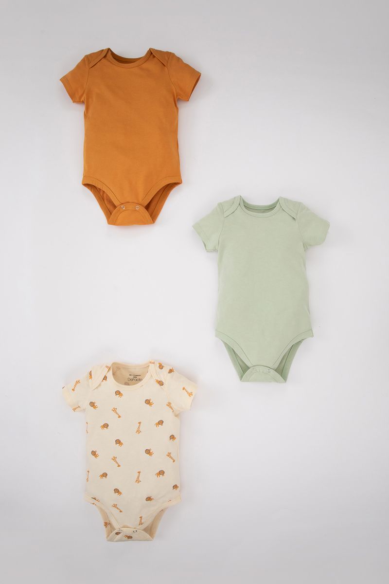 3 Piece BabyBoy New Born Regular Fit Knitted Short Sleeve Snap Body - Green
