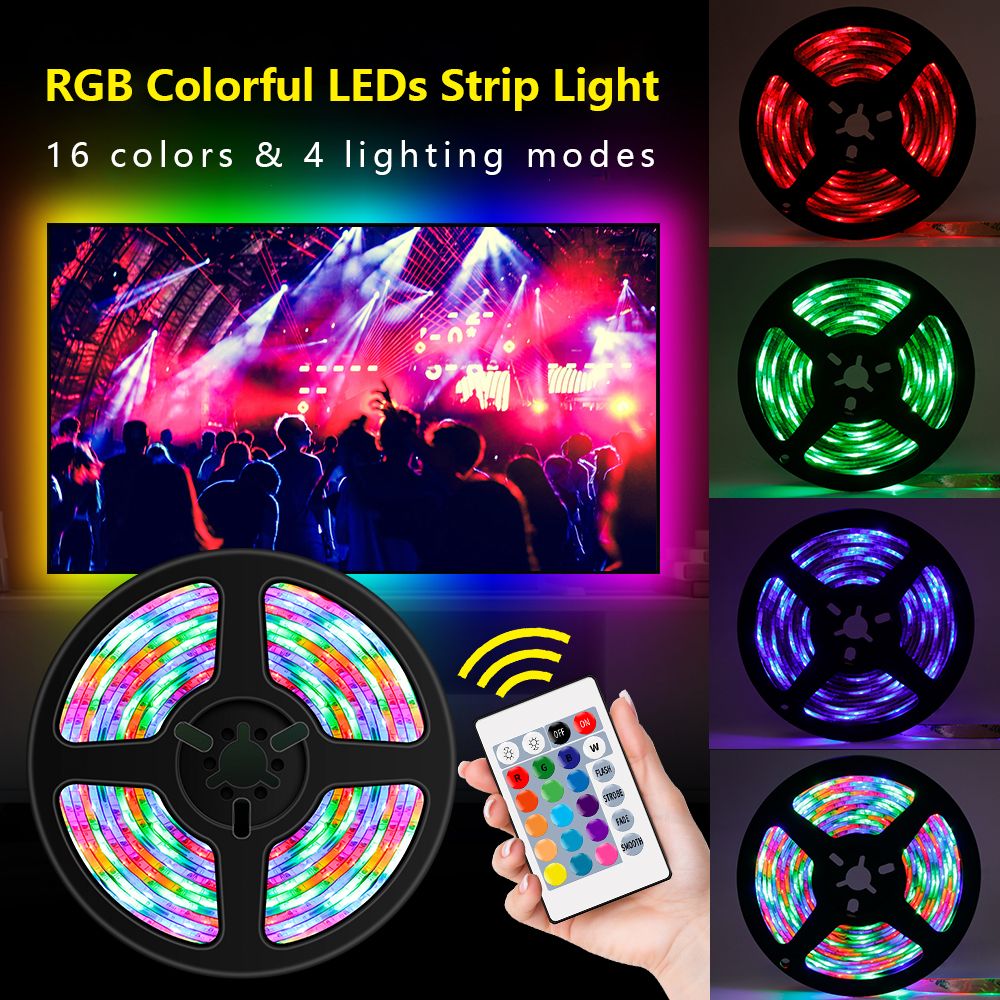 USB Dimmable RGB Colorful LEDs Strips Light With IR Remote Control 16 Colors & 4 Lighting Modes 5m 300LEDs