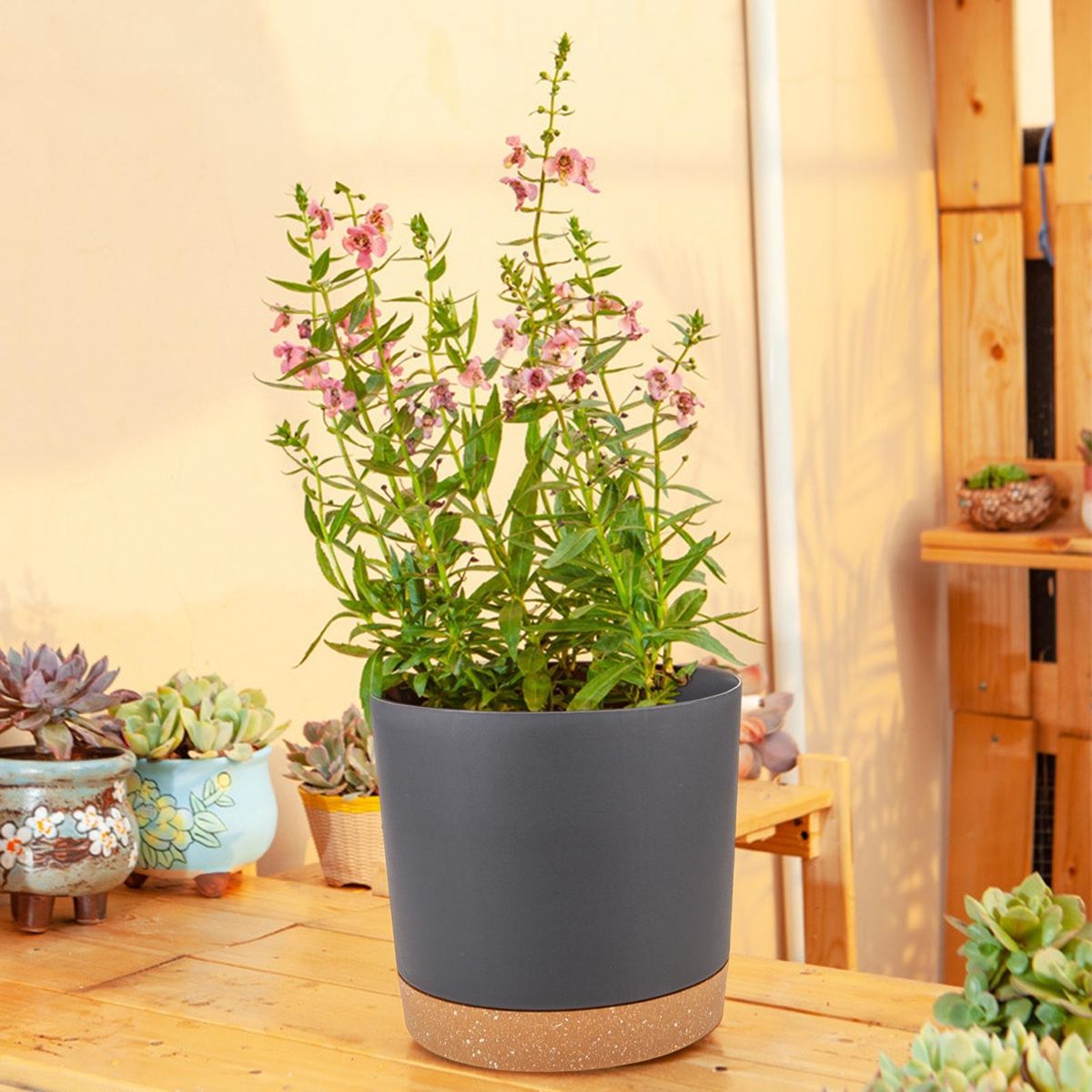 Outdoor Plant Pot 3-piece Set Round Indoor Plant Pots with for Balcony Black Gray