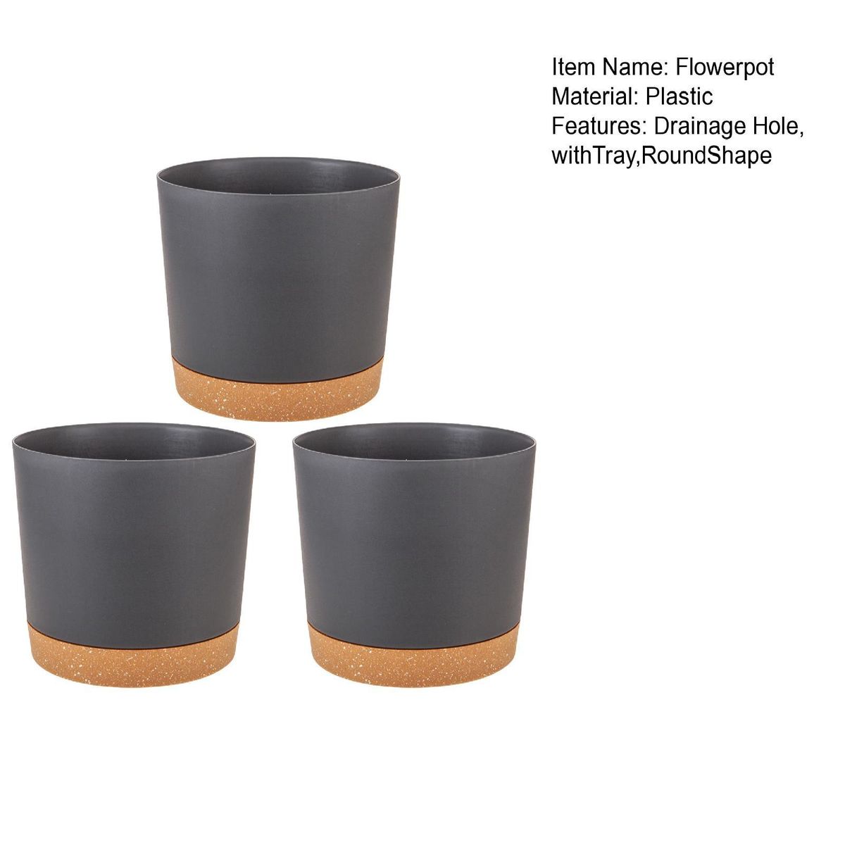Outdoor Plant Pot 3-piece Set Round Indoor Plant Pots with for Balcony Black Gray