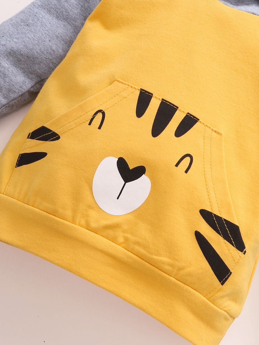 Baby Boys Cartoon Tiger Face Long Sleeves Hoodie With Pants -Grey
