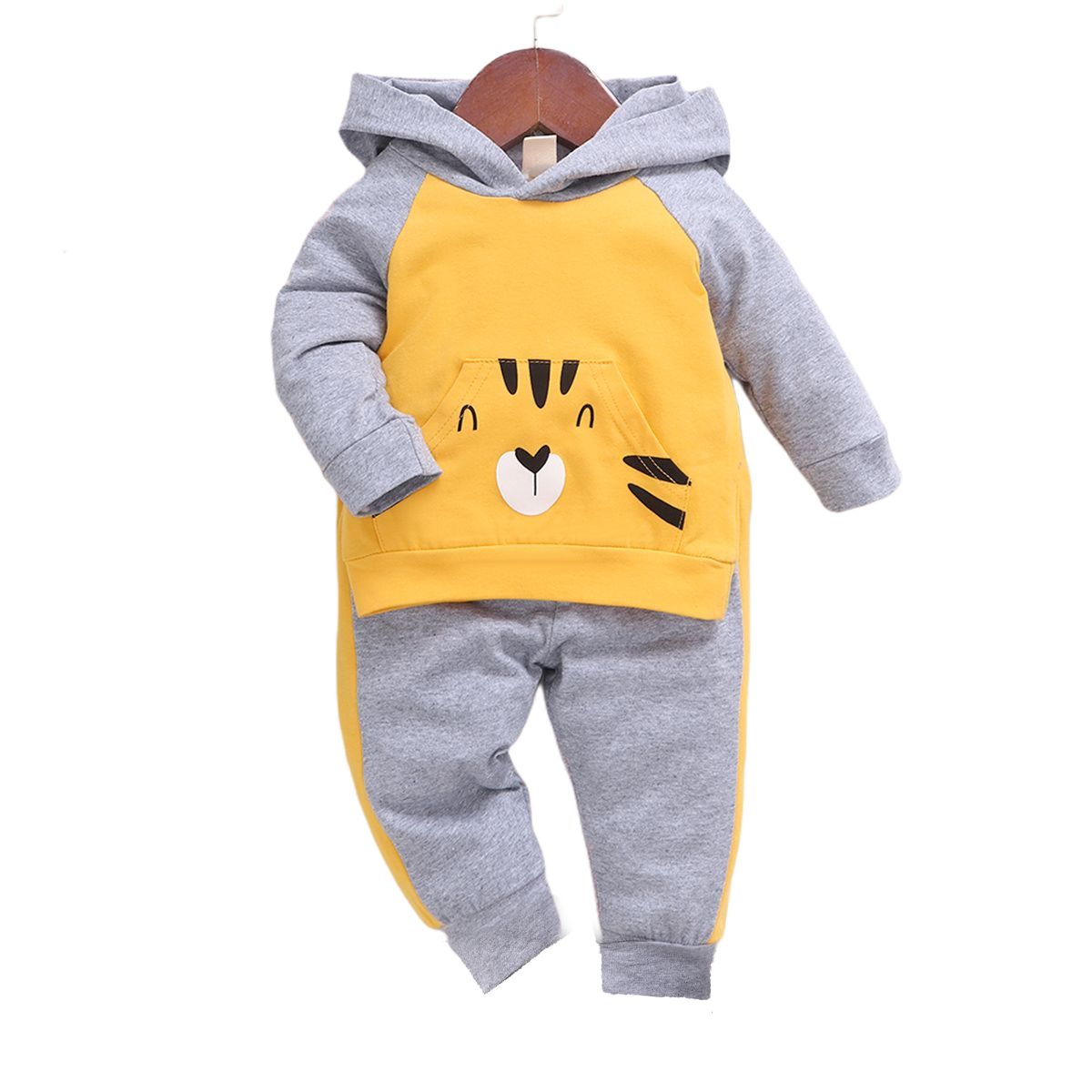 Baby Boys Cartoon Tiger Face Long Sleeves Hoodie With Pants -Grey