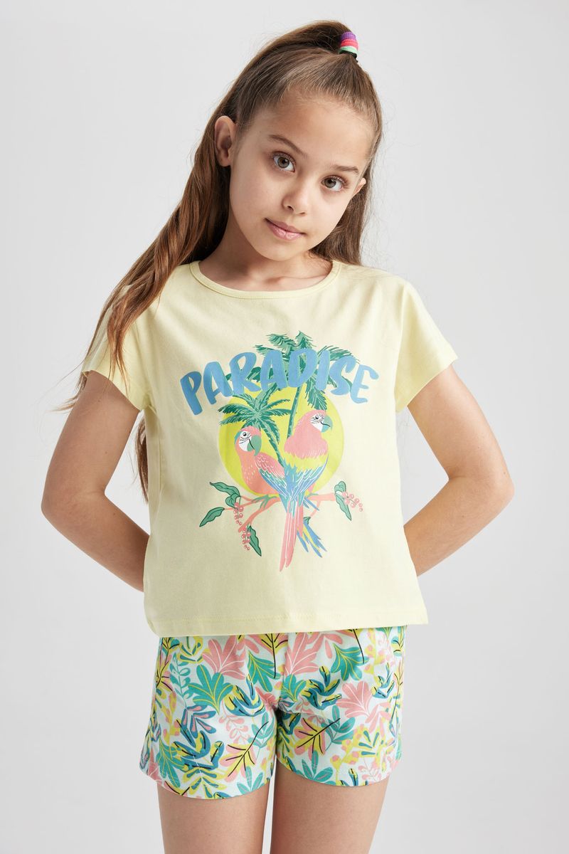 2 Piece Girl Special Collection Regular Fit Short Sleeve Knitted Pyjamas - Yellow