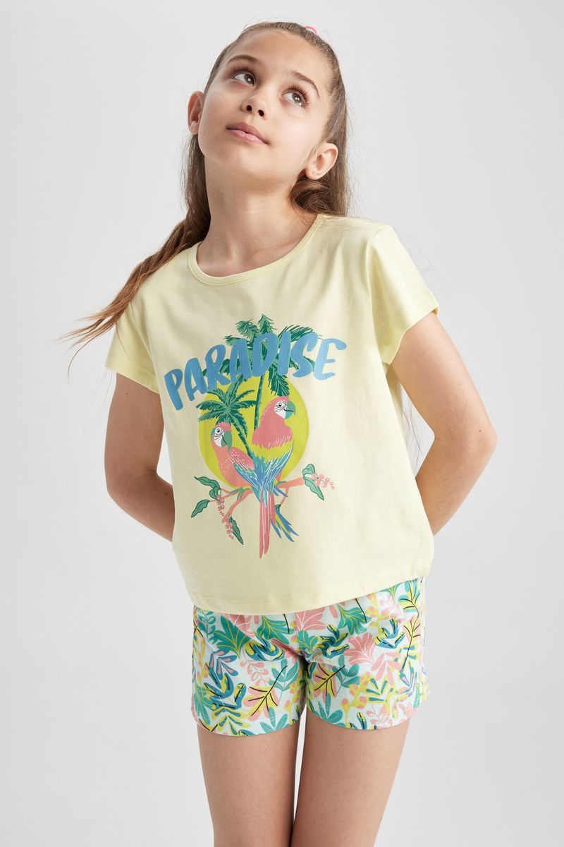 2 Piece Girl Special Collection Regular Fit Short Sleeve Knitted Pyjamas - Yellow