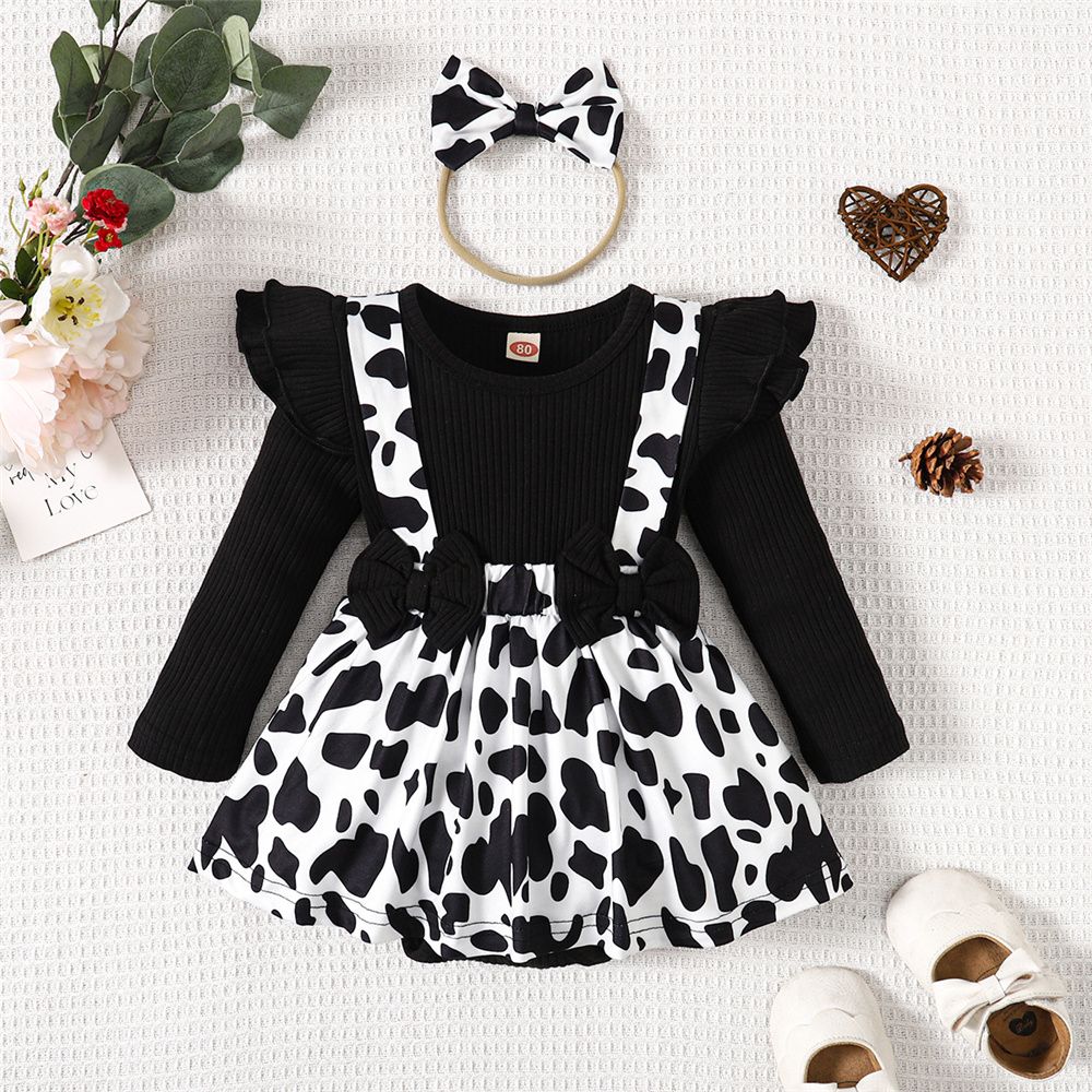 0-24Months Baby Girl Ribbed Cow Pattern Bodysuit+Headwear