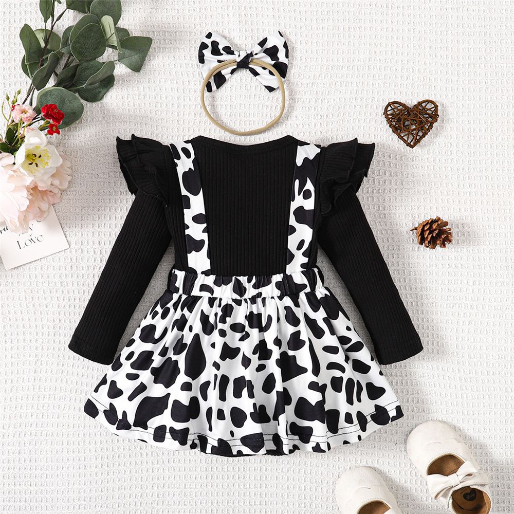 0-24Months Baby Girl Ribbed Cow Pattern Bodysuit+Headwear