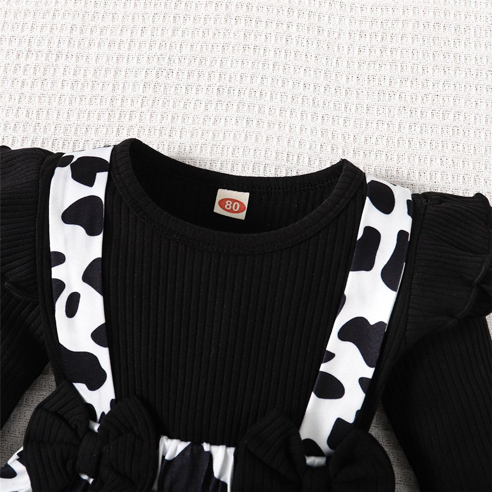 0-24Months Baby Girl Ribbed Cow Pattern Bodysuit+Headwear