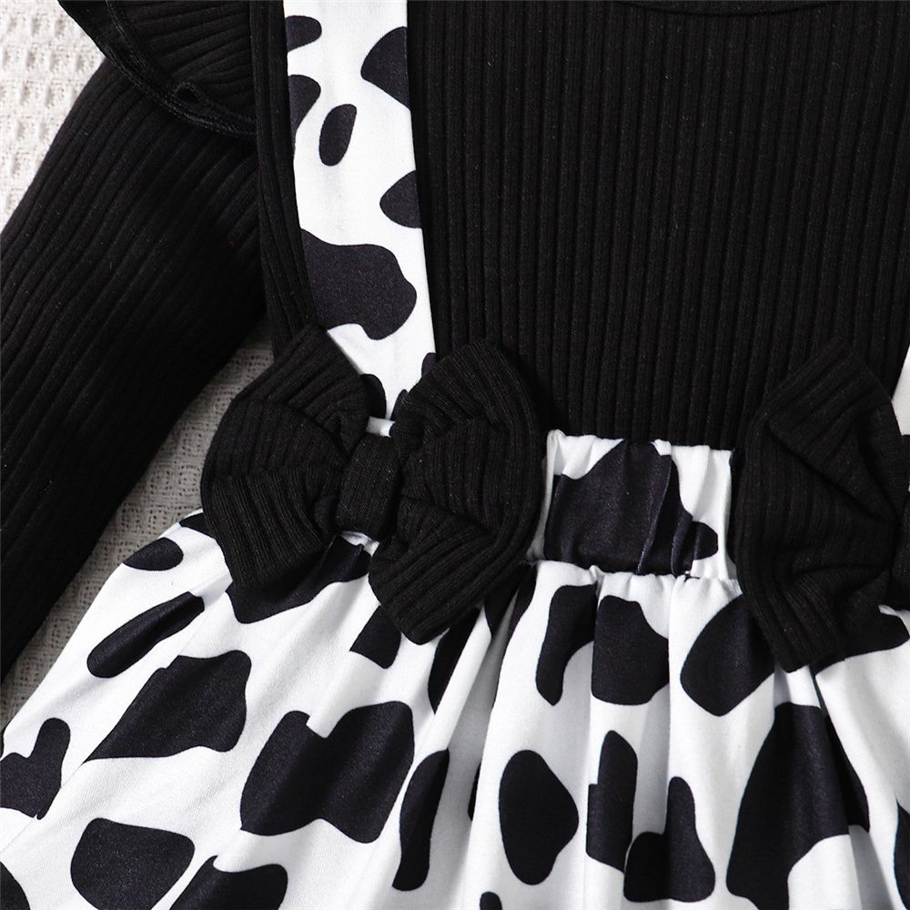 0-24Months Baby Girl Ribbed Cow Pattern Bodysuit+Headwear