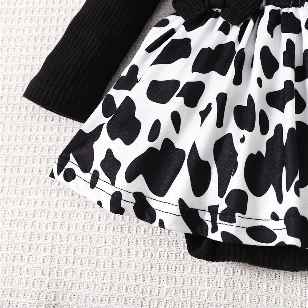 0-24Months Baby Girl Ribbed Cow Pattern Bodysuit+Headwear