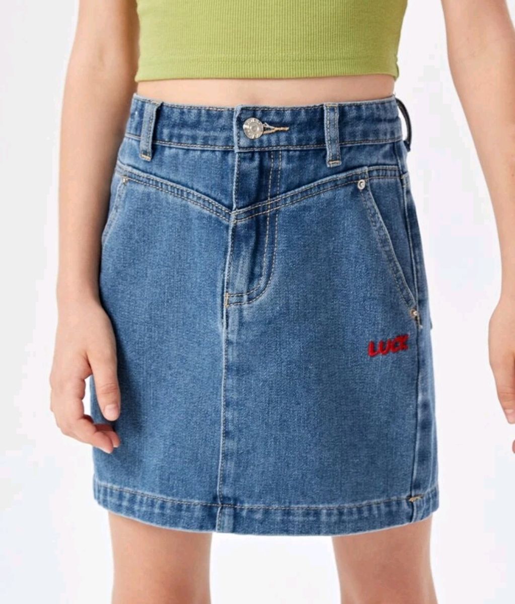 Shein Girls Letter Embroidery Straight Denim Jeans Skirt - Blue