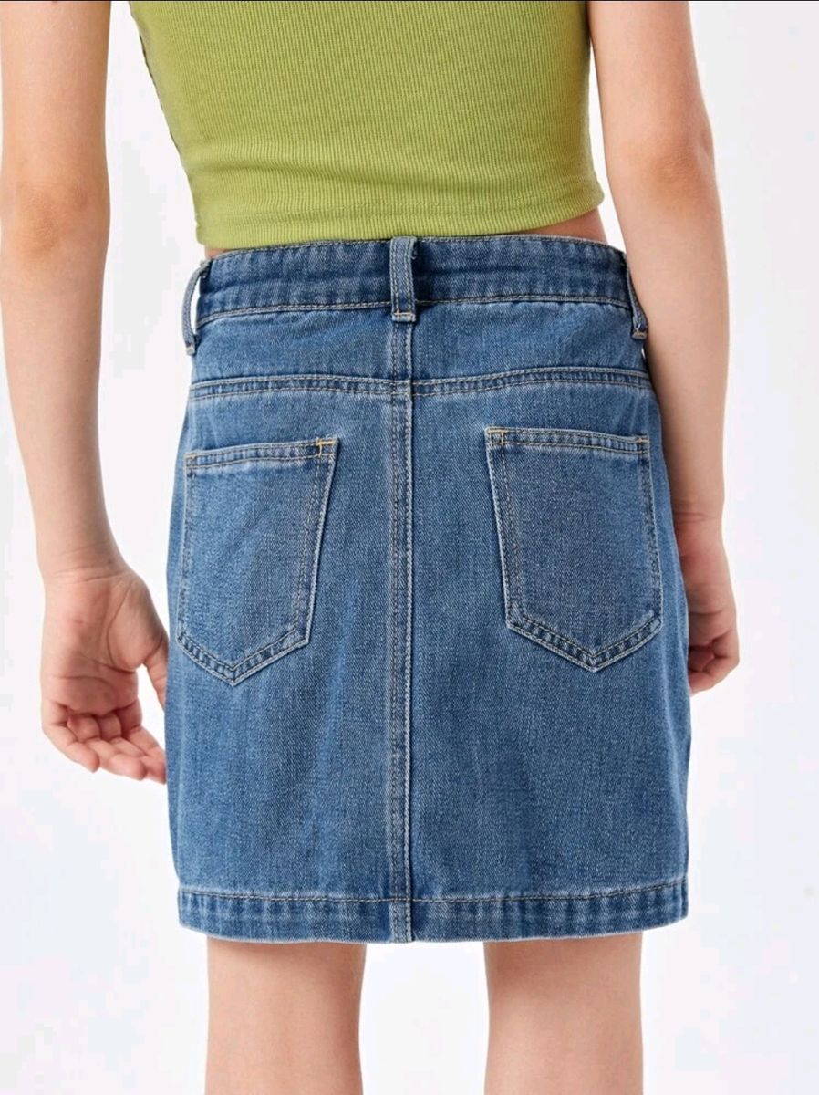 Shein Girls Letter Embroidery Straight Denim Jeans Skirt - Blue