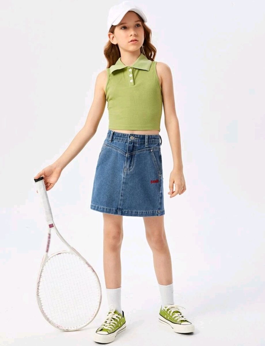 Shein Girls Letter Embroidery Straight Denim Jeans Skirt - Blue