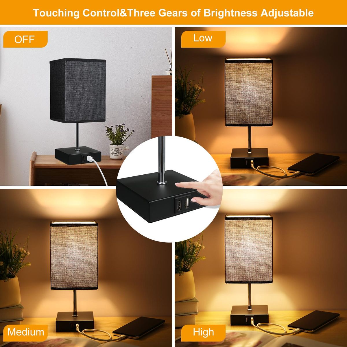 Ailgely Table Lamp Bedside Desk Lamp Modern Tabletop Lamp Dual USB Charger Touch Control with E14 LED Bulb Warm White Light for Bedroom Living Room