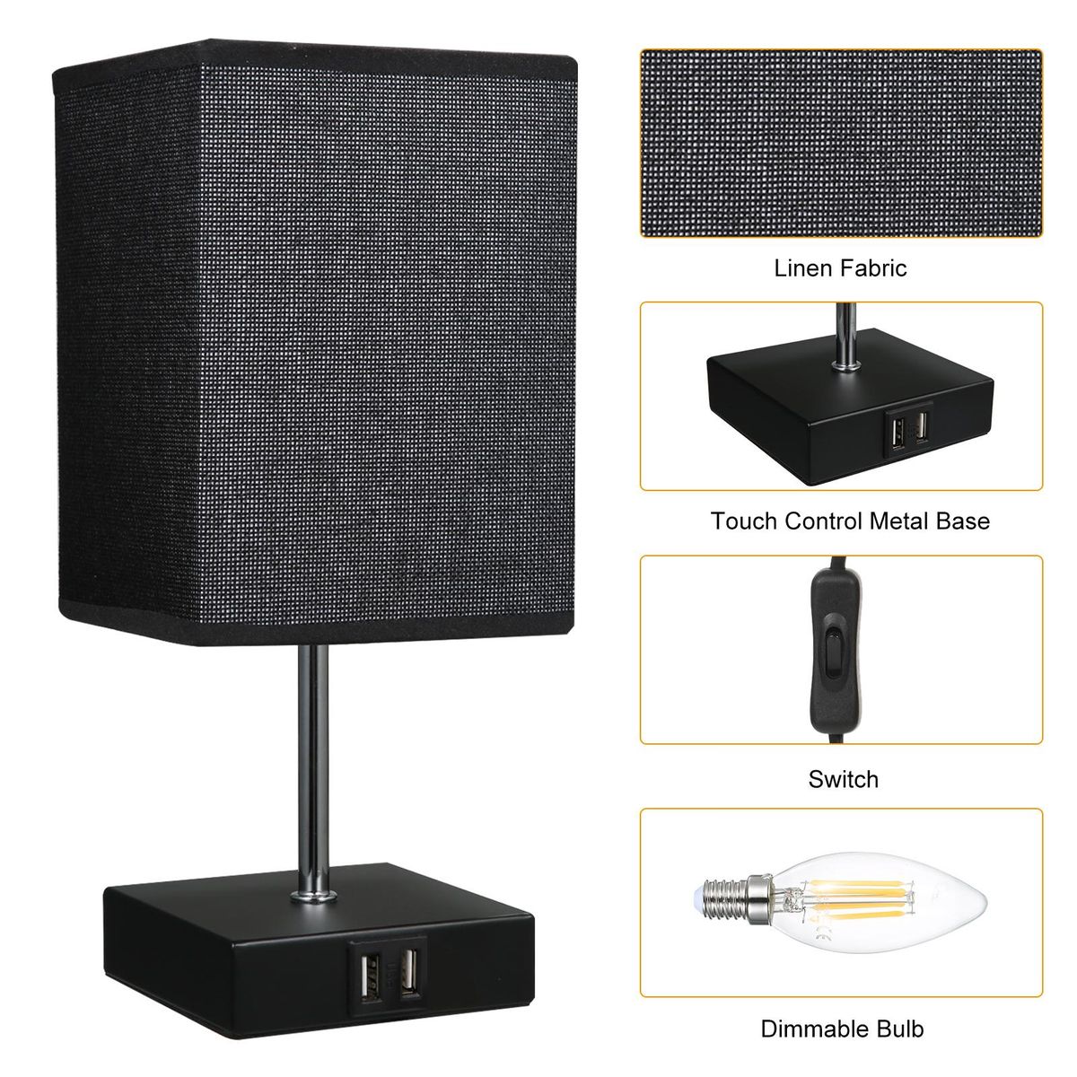 Ailgely Table Lamp Bedside Desk Lamp Modern Tabletop Lamp Dual USB Charger Touch Control with E14 LED Bulb Warm White Light for Bedroom Living Room