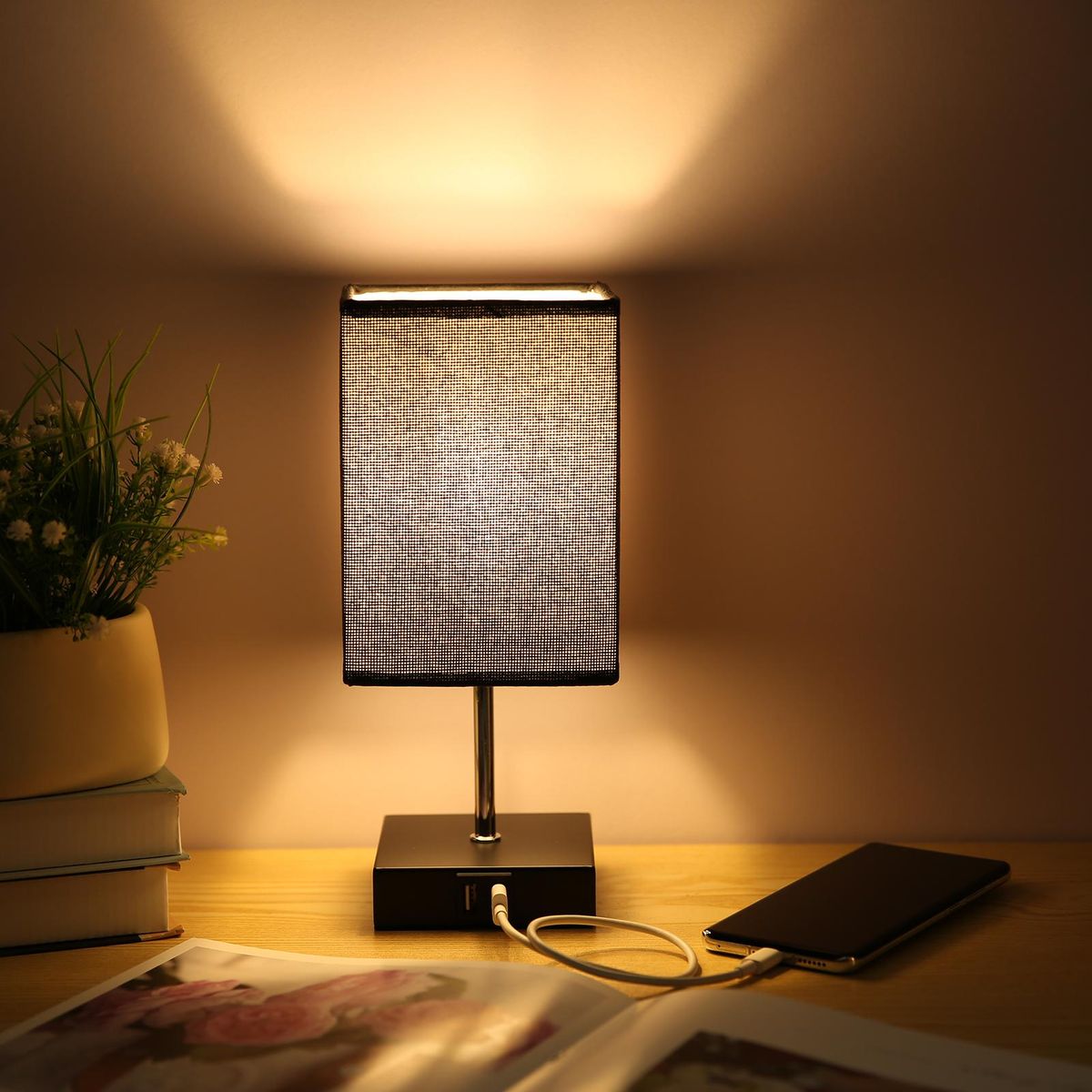 Ailgely Table Lamp Bedside Desk Lamp Modern Tabletop Lamp Dual USB Charger Touch Control with E14 LED Bulb Warm White Light for Bedroom Living Room