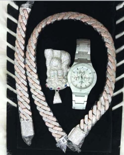 Ice-box Never Rusting Full Iced Studded  Men Long Necklace, Iced Pendant & Bracelet & Wrist Watch