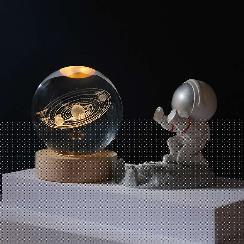 Creative Crystal Ball Universe Galaxy Series Night Light Solid Wood Base Luminous Crystal Led Light Small Ornament-Solar System-base