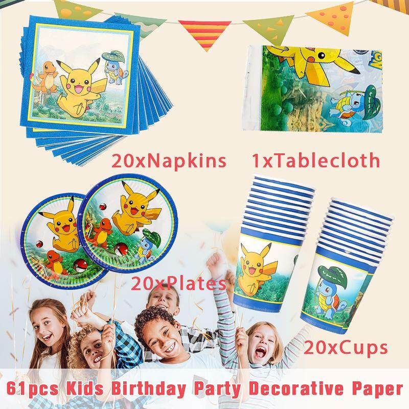 Party Decorative Paper Suitable For 20 People 61pcs Pikachu Pokeman Go Kids Birthday