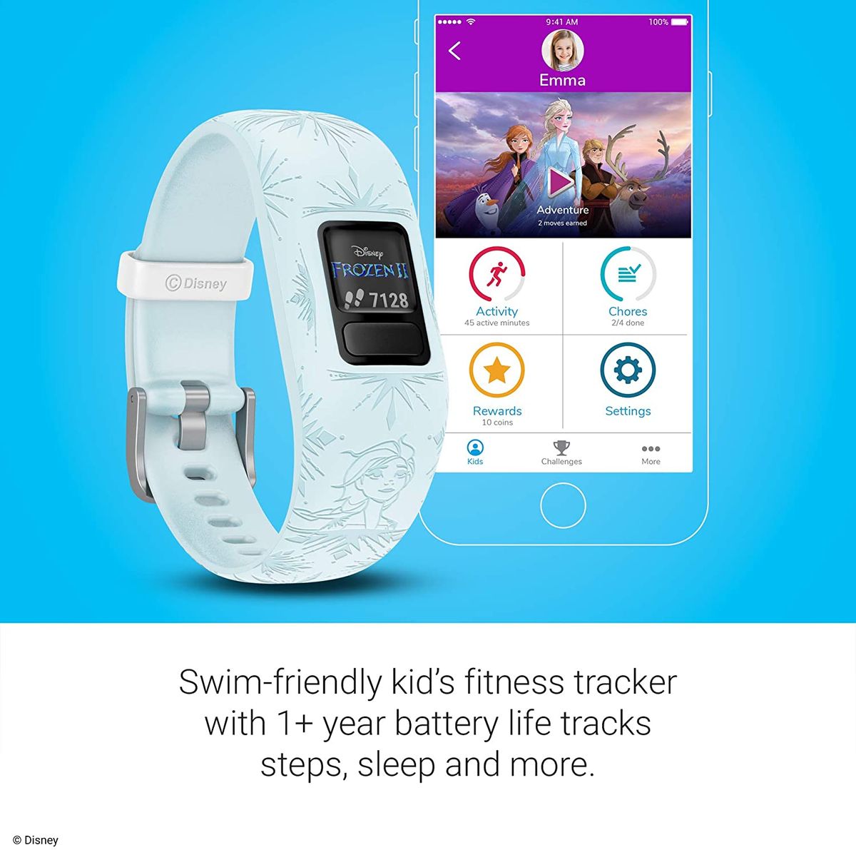 Vivofit Jr. 2, Kids Fitness/Activity Tracker, 1-Year Battery Life, Adjustable Band, Disney Frozen 2, Elsa, Light Blue